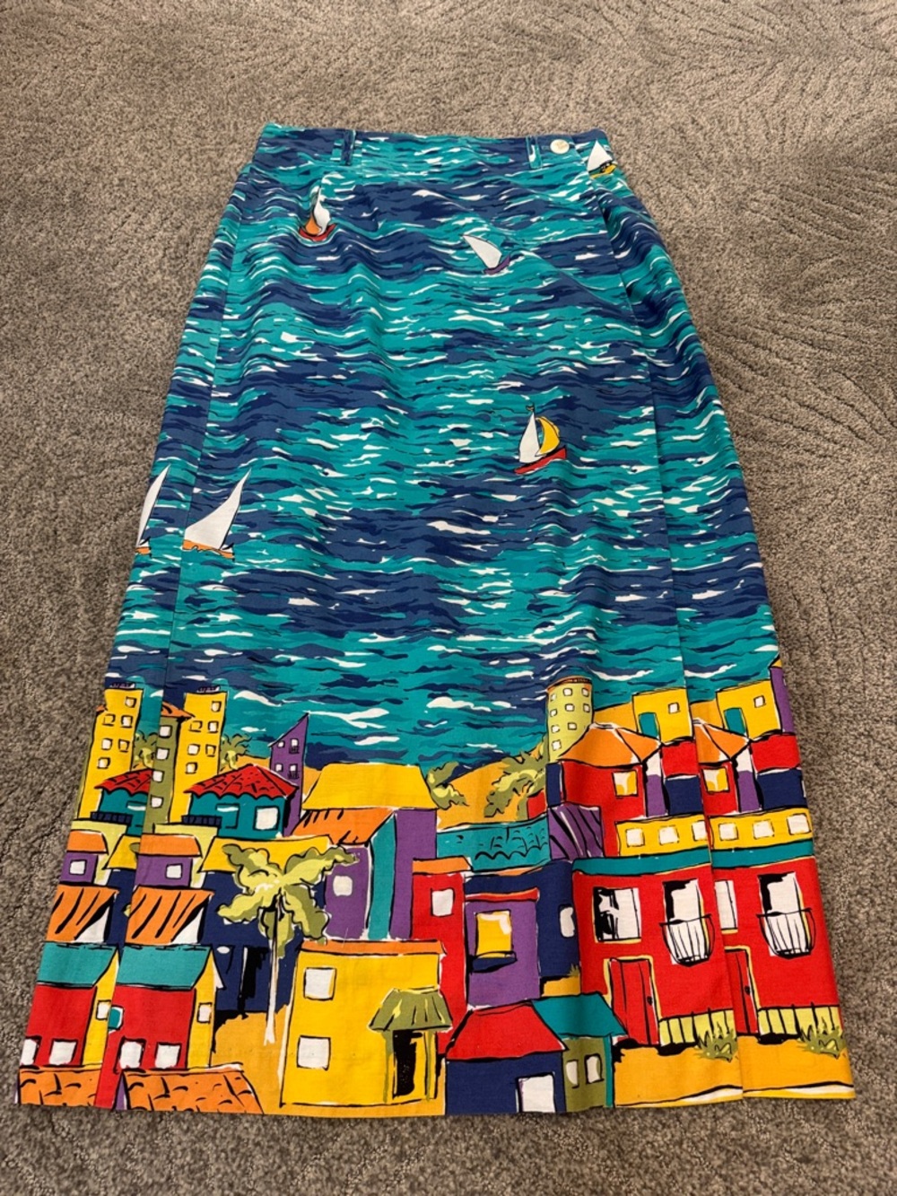 Maxi Skirt with Coastal Village Print in Teal & Blue